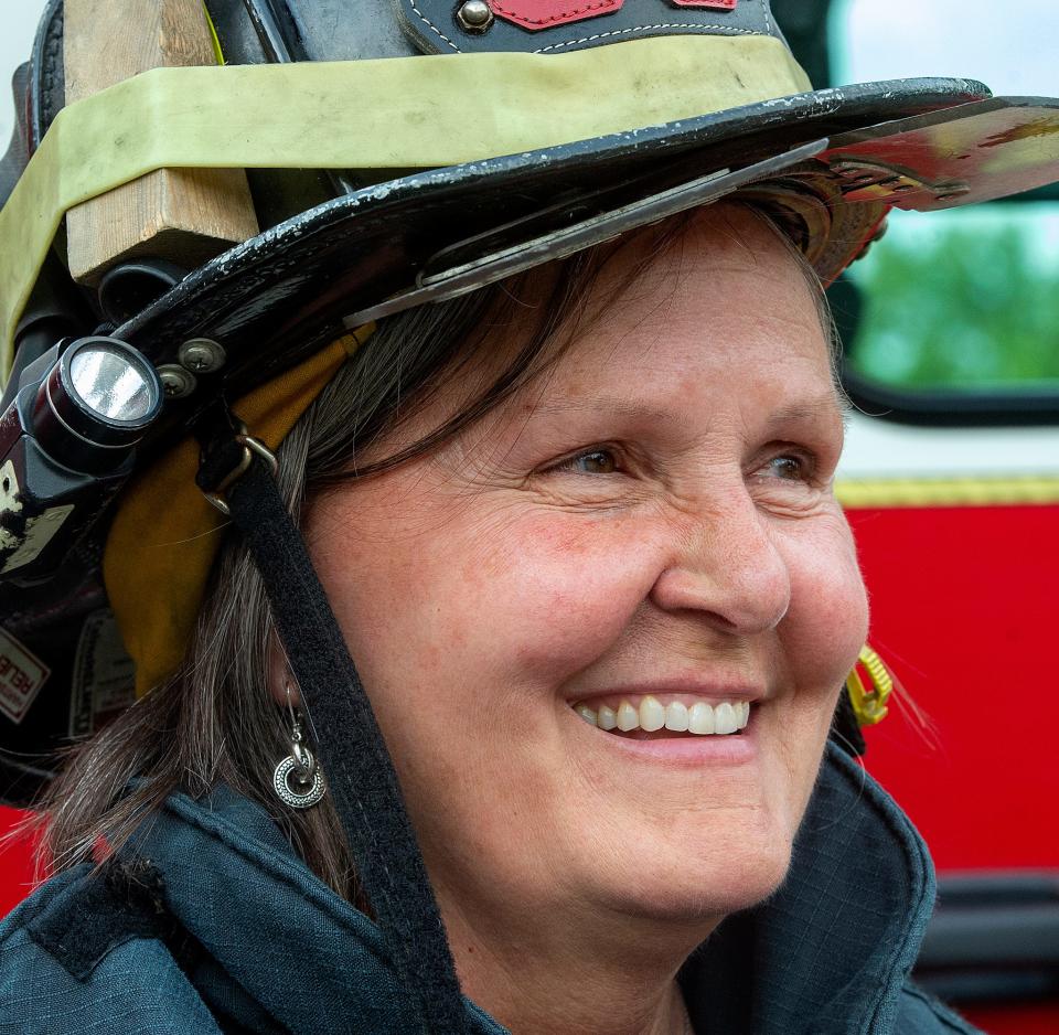 Lynn Kirkner, 57, a firefighter with the Hartsville Fire Company, in Warminster, on Wednesday, July 27, 2022, is celebrating 40 years as a volunteer firefighter.