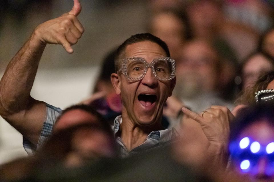 An Elton John fan gestures between songs during a performance at Vivint Arena in Salt Lake City on Wednesday, Sept. 4, 2019. | Scott G Winterton, Deseret News