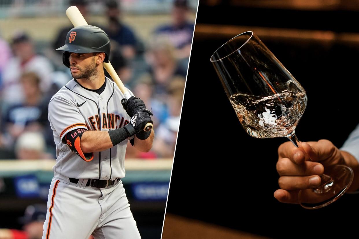 Tommy La Stella of the San Francisco Giants; a sommelier with a glass of white wine