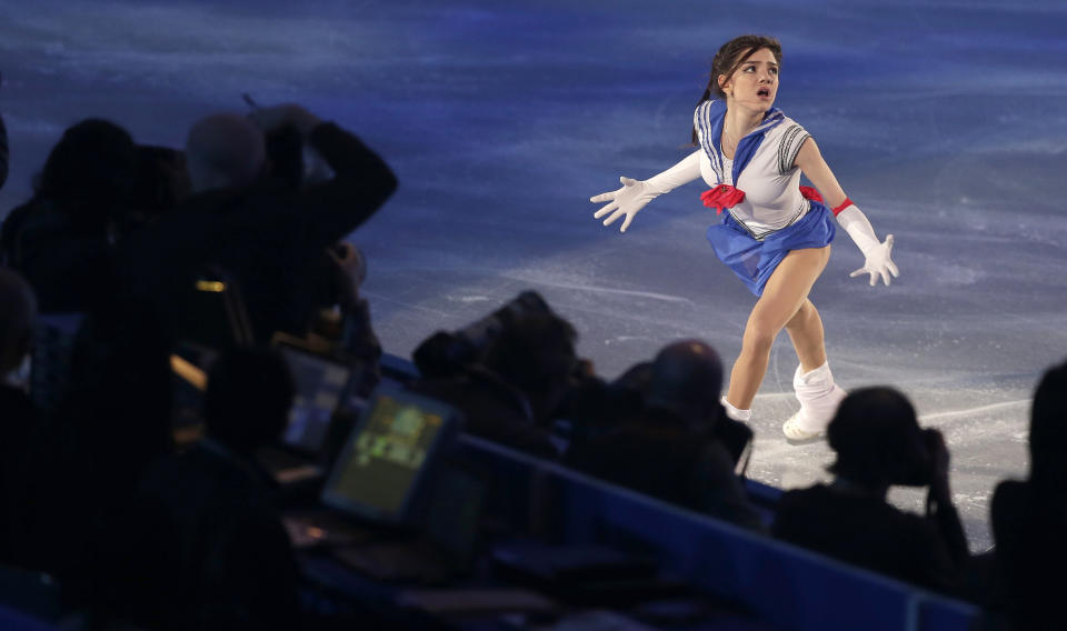 Evgenia Medvedeva of Russia performs during the gale exhibition of the World Team Trophy Figure Skating in Tokyo, Sunday, April, 23, 2017. (AP Photo/Shizuo Kambayashi)