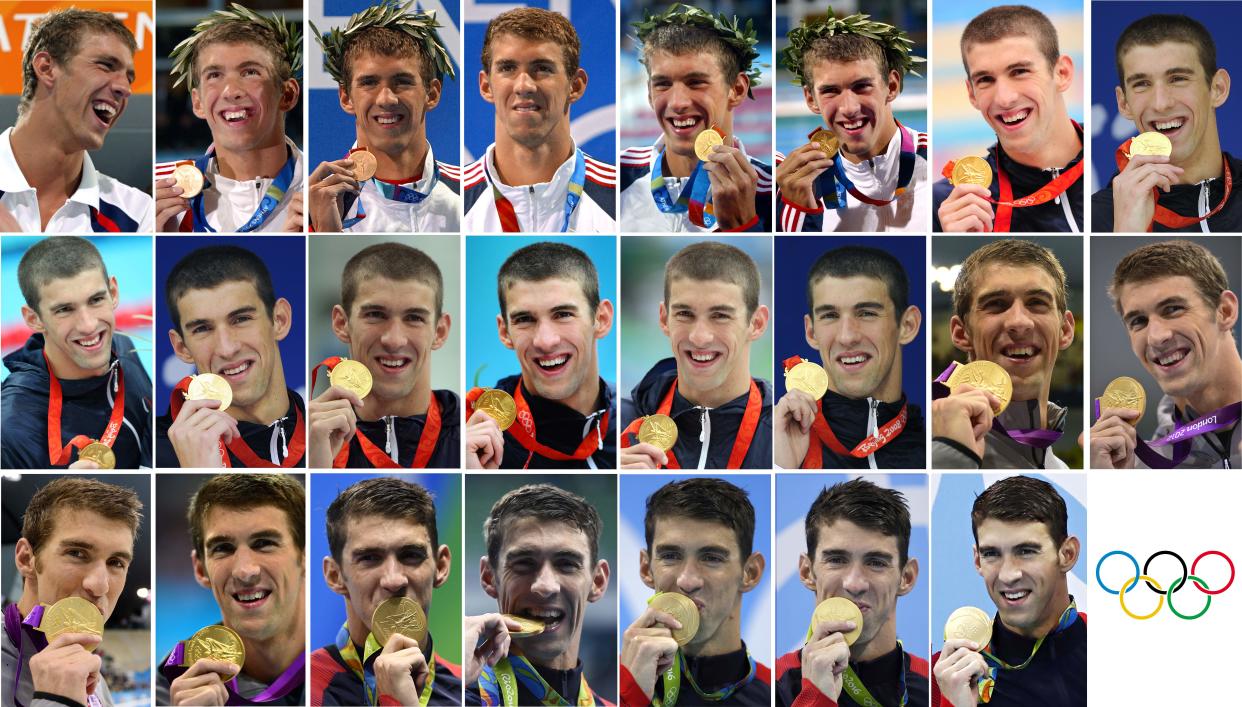 US swimmer Michael Phelps with the 23 gold medals he won at the Olympic Games. 