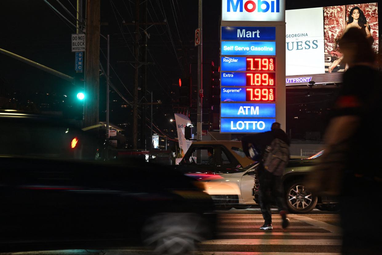 Gas prices are seen at a Mobil gas station in Los Angeles on September 28, 2023. California gas prices are nearing USD $7 per gallon in some locations as oil prices surge toward $100 a barrel. (Photo by Robyn Beck / AFP) (Photo by ROBYN BECK/AFP via Getty Images)