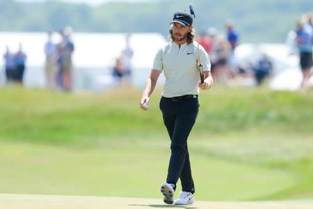 Jun 17, 2018; Southampton, NY, USA; Tommy Fleetwood reacts after a putt on the fourteenth green during the final round of the U.S. Open golf tournament at Shinnecock Hills GC - Shinnecock Hills Golf C. Brad Penner-USA TODAY Sports