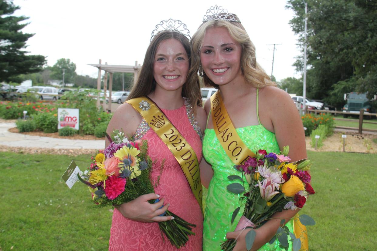 Celia Kreifels, the 2023 Dallas County Fair Queen, poses for a photo with Brinna Orr, the runner-up, after the coronation ceremony on Friday, July 14 in Adel.