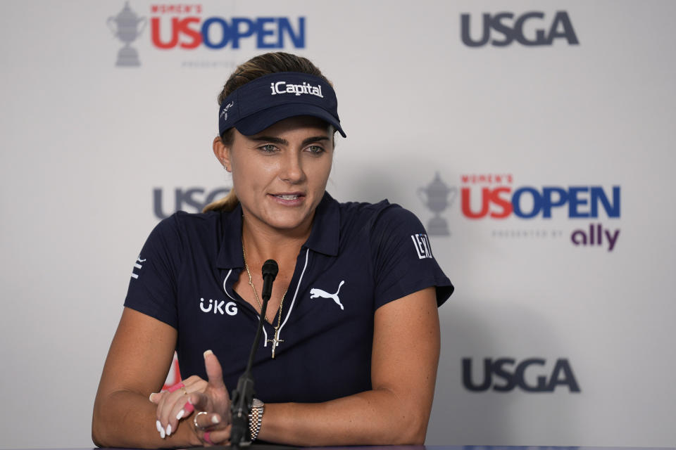 Lexi Thompson speaks during a news conference at the U.S. Women's Open golf tournament at Lancaster Country Club, Tuesday, May 28, 2024, in Lancaster, Pa. (AP Photo/Matt Rourke)