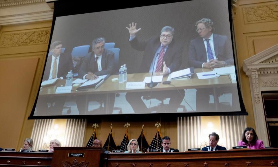 William Barr (top centre) giving testimony at a hearing of the House select committee.