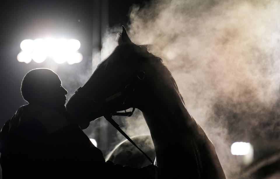 A horse gets washed on the backside of Churchill Downs Thursday May 4, 2023, in Louisville, Ky.