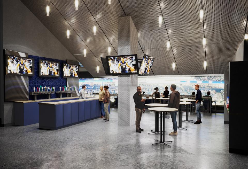 A rendering of the Brew House, a new open-air bar on the main concourse with seating and a standing-room view of the court, which was announced Tuesday as part of Xavier University's plans to renovate Cintas Center.