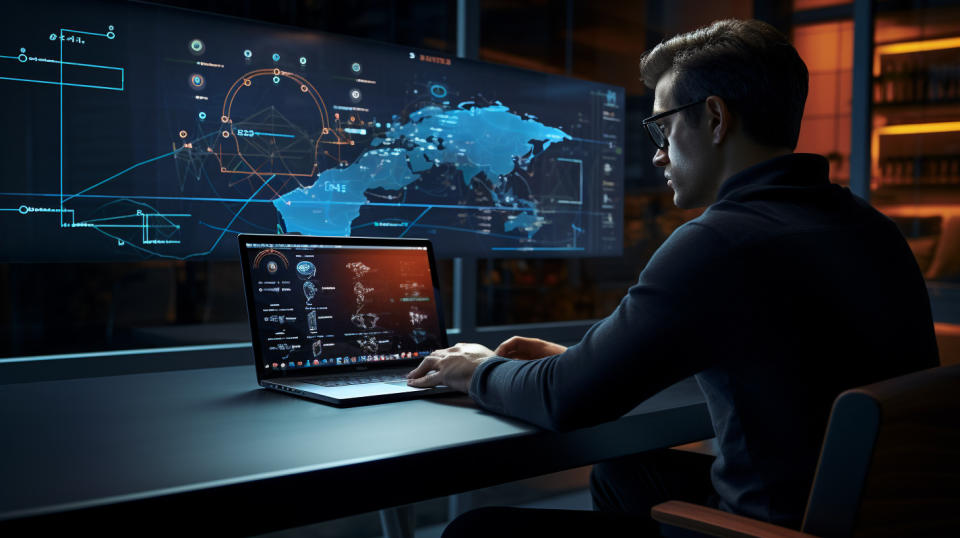 An IT engineer working on a laptop as planograms for a cloud-based virtual contact center platform appear on the monitor.