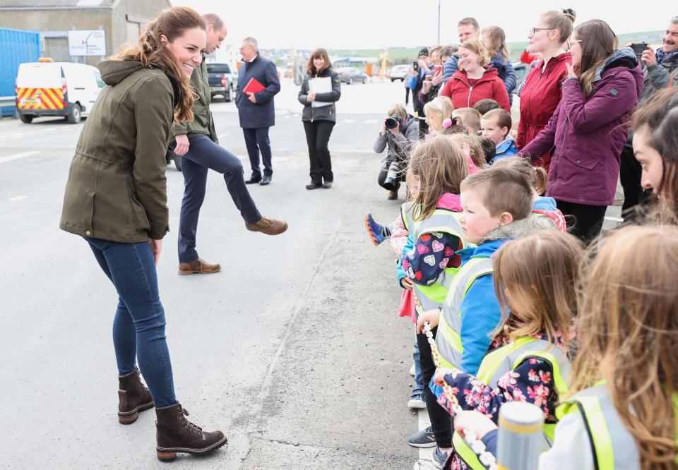 STROMNESS, SCOTLAND - MAY 25: Catherine, Duchess of Cambridge and Prince William, Duke of Cambridge speak to school children as they visit the European Marine Energy Centre on day five of their week long visit to Scotland on May 25, 2021 in Stromness, Scotland.  (Photo by Chris Jackson/Getty Images)