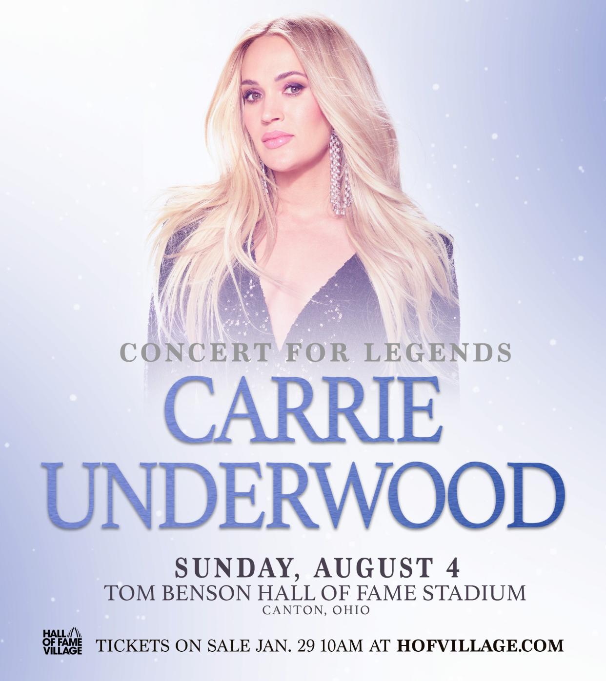 Country music superstar Carrie Underwood will headline the 2024 Concert for Legends at Tom Benson Hall of Fame Stadium in Canton.