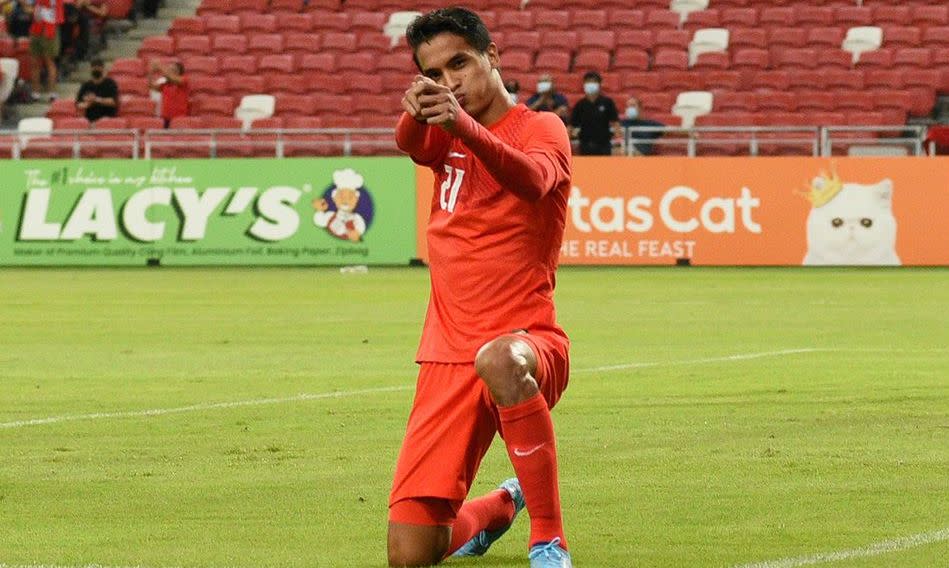 Singapore defender Safuwan Baharudin celebrates his goal against the Philippines in the FAS Tri-Nations Series. (PHOTO: Football Association of Singapore)