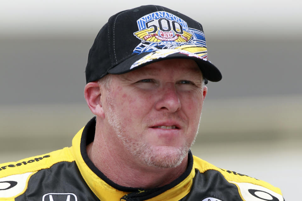 FILE - Then-IndyCar driver Paul Tracy, of Canada, is shown after they qualified for the Indianapolis 500 auto racing at the Indianapolis Motor Speedway in Indianapolis, in this Saturday, May 21, 2011, file photo. Tony Stewart was like everyone else in the motorsports industry this week, frequently checking social media to see Paul Tracy's latest theatrics in a one-sided war against NASCAR golden girl Hailie Deegan. (AP Photo/Dave Parker, File)