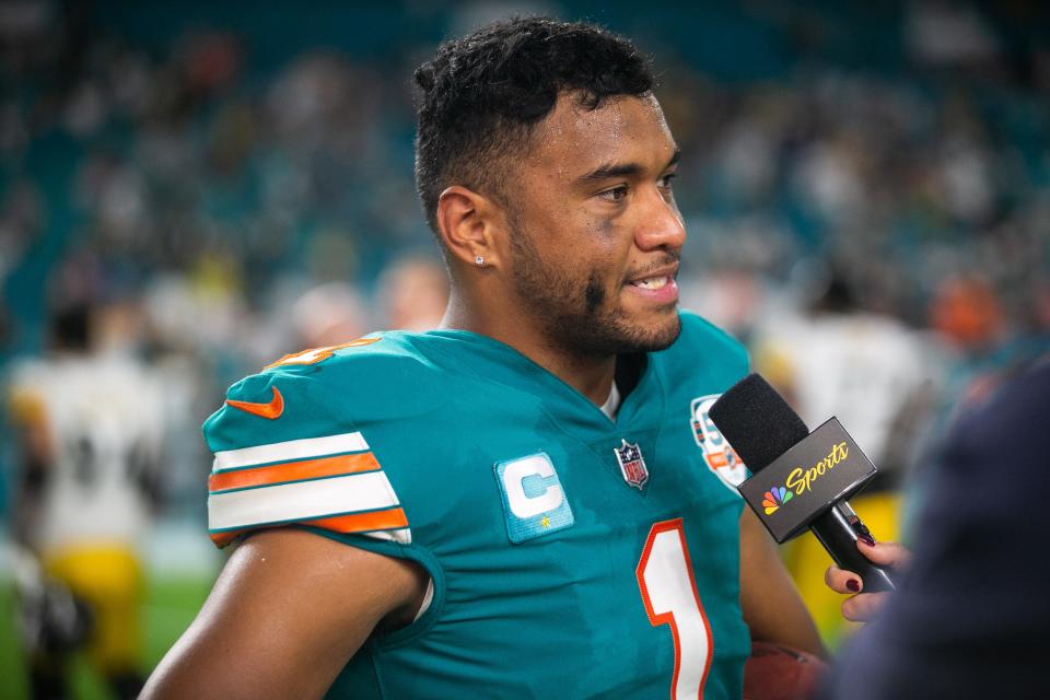 Tua Tagovailoa speaks to media after the end of the game between the visiting Pittsburgh Steelers and host Miami Dolphins at Hard Rock Stadium on Oct. 23.