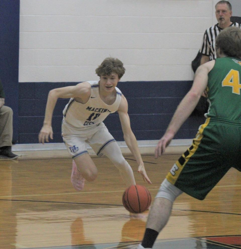 Sebastian Pierce (10) was one of four Mackinaw City boys to hit double figures in a win at Boyne Falls on Monday.
