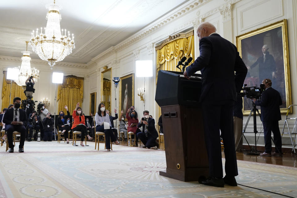 FILE - President Joe Biden speaks during a news conference in the East Room of the White House, March 25, 2021, in Washington. As President Joe Biden wraps up his first year in the White House, he has held fewer news conferences than any of his five immediate predecessors at the same point in their presidencies, and has taken part in fewer media interviews than any of his recent predecessors. That's according to new research from Towson University professor emerita Martha Joynt Kumar. (AP Photo/Evan Vucci, File)