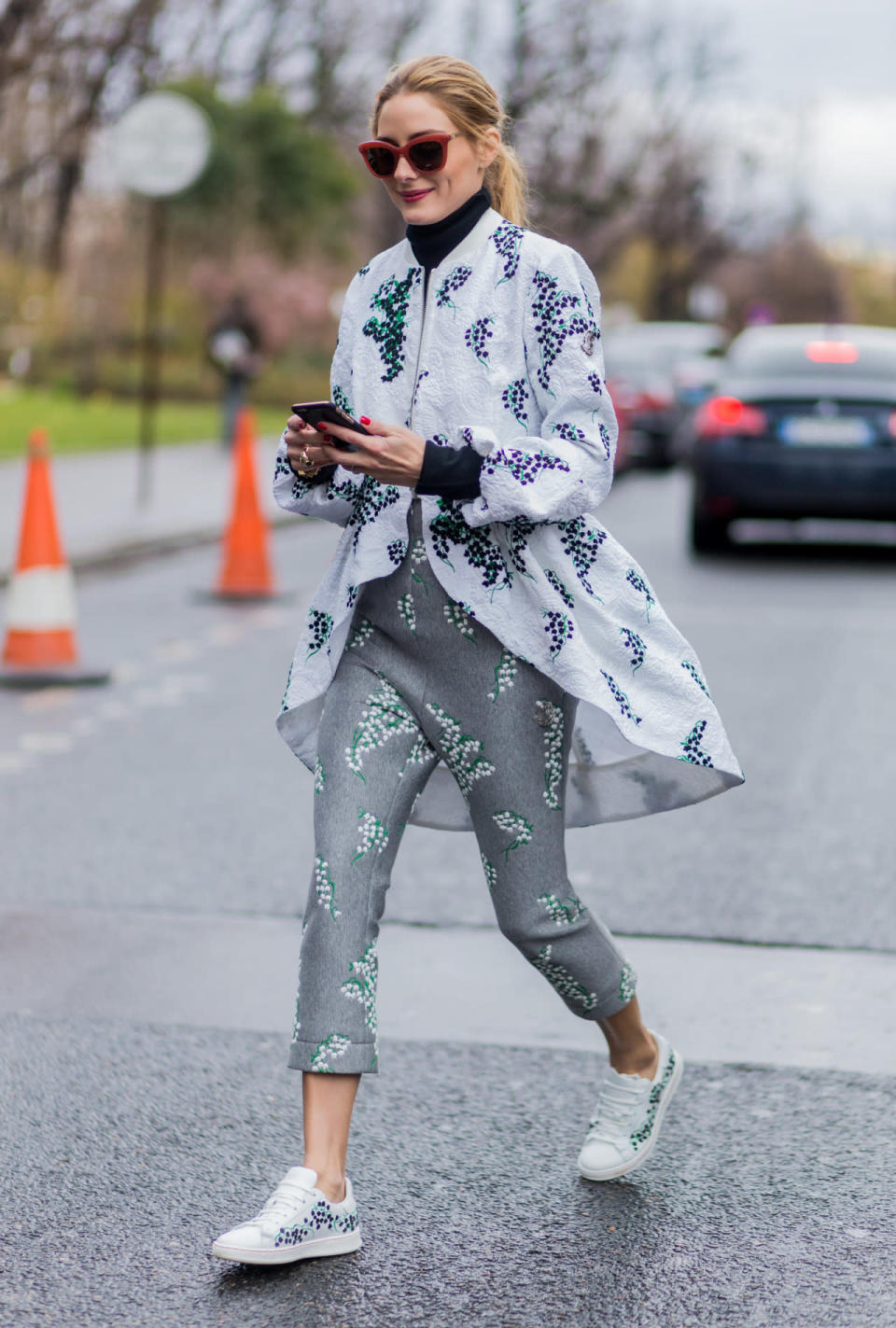 Embossed jacket + matching embossed pants + white sneakers with matching embossment