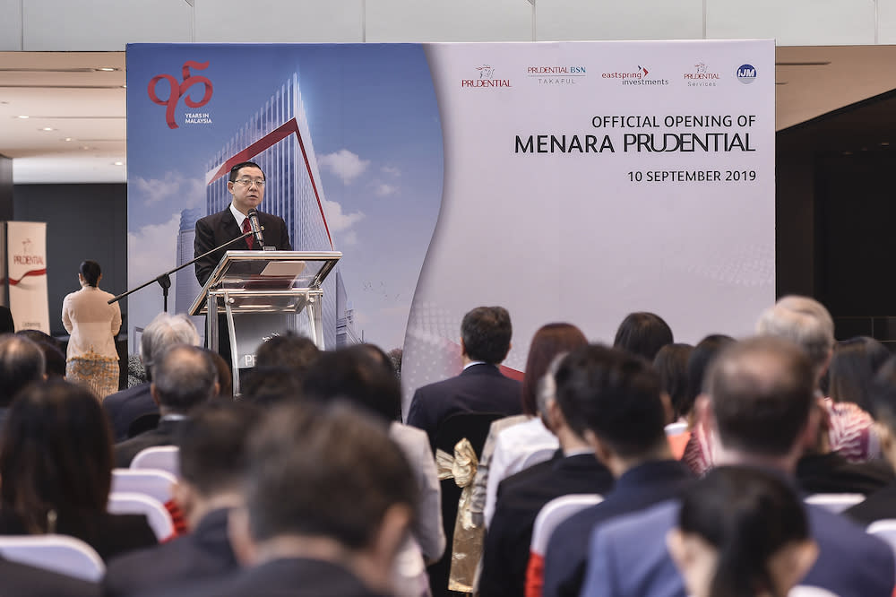 Minister of Finance Lim Guan Eng gives a speech during the launch of Menara Prudential at Tun Razak Exchange, September 10, 2019. — Picture by Miera Zulyana