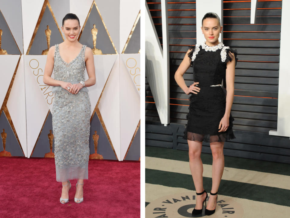 Before: Daisy Ridley in a Chanel Haute Couture midi dress. After: The actress traded a midi for a mini for the Vanity Fair Oscar party.