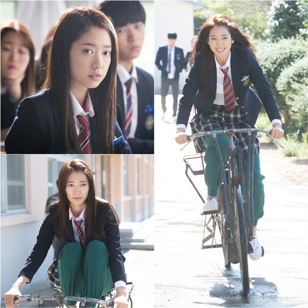 Park Shin Hye Rides Bicycle in Uniform and Gym Pants for ‘Pinocchio’