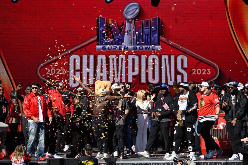 Kansas City Chiefs players celebrate during Super Bowl victory parade.<span class="copyright">Andrew Caballero-Reynolds—AFP/Getty Images</span>