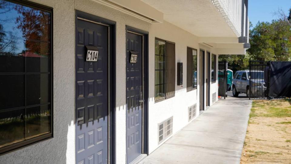 The Housing Authority of San Luis Obispo County, El Camino Homeless Organization and People’s Self-Help Housing hosted the grand opening of the Paso Homekey housing complex Oct. 3, 2023. The project offers 28 rooms of emergency shelter space (marked by red doors) and 60 permanent supportive units of affordable housing (marked by blue doors).