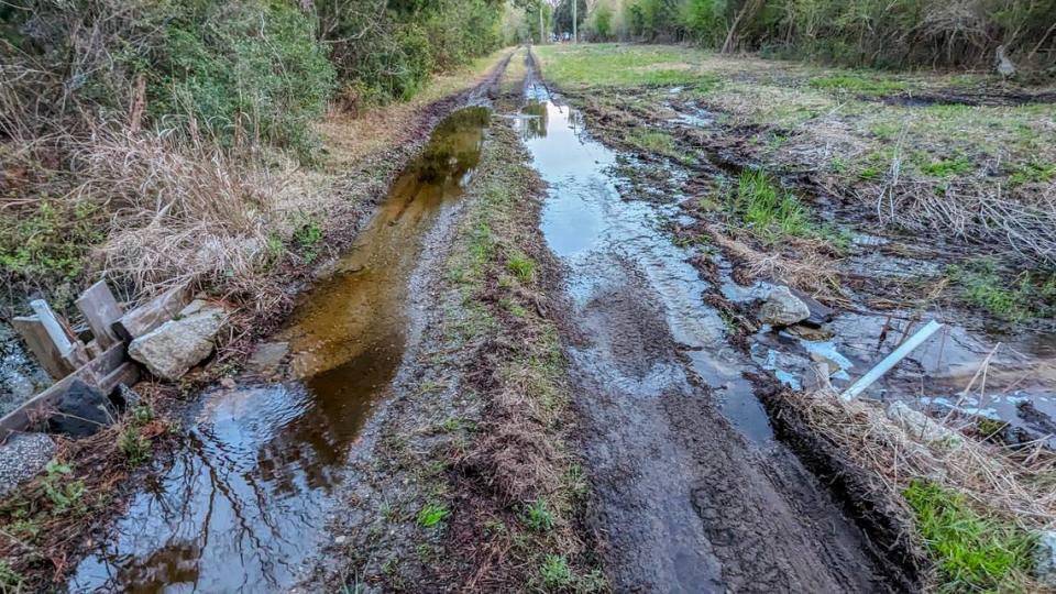 This handout photo of Everest Road taken on April 3, 2024 and provided by Terri Aigner shows the aftermath of vehicular traffic and rain after a March 30, 2024 funeral at Big House Cemetery on St. Helena Island. Aigner says the dirt road can’t handle the weight of the heavy-duty funeral trucks and excessive vehicular traffic and she is left to repair the road with the help of a neighbor.