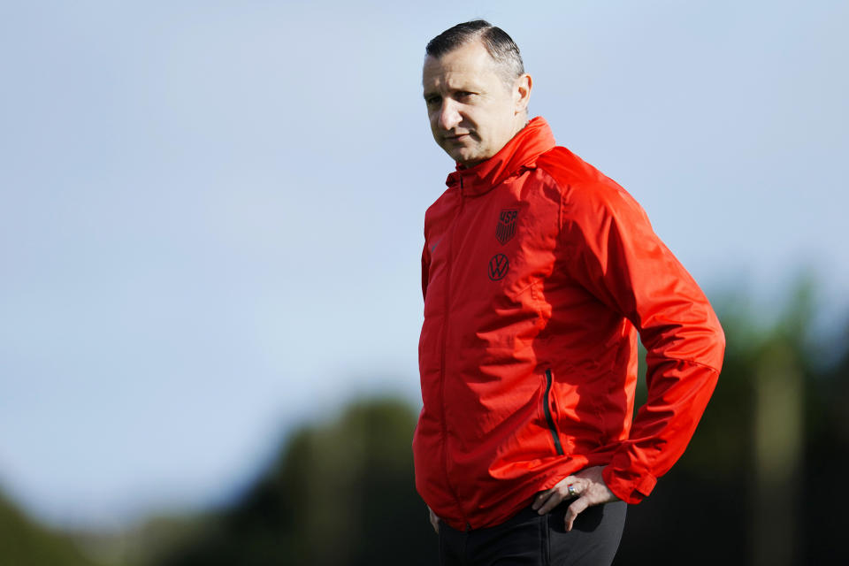 FILE - U.S. coach Vlatko Andonovski stands on the field during a FIFA Women's World Cup team practice at Bay City Park in Auckland, New Zealand, July 23, 2023. Andonovski has resigned, a person familiar with the decision told The Associated Press on Wednesday, Aug. 16. The move comes less than two weeks after the Americans were knocked out of the Women's World Cup earlier than ever before. (Abbie Parr / AP file)
