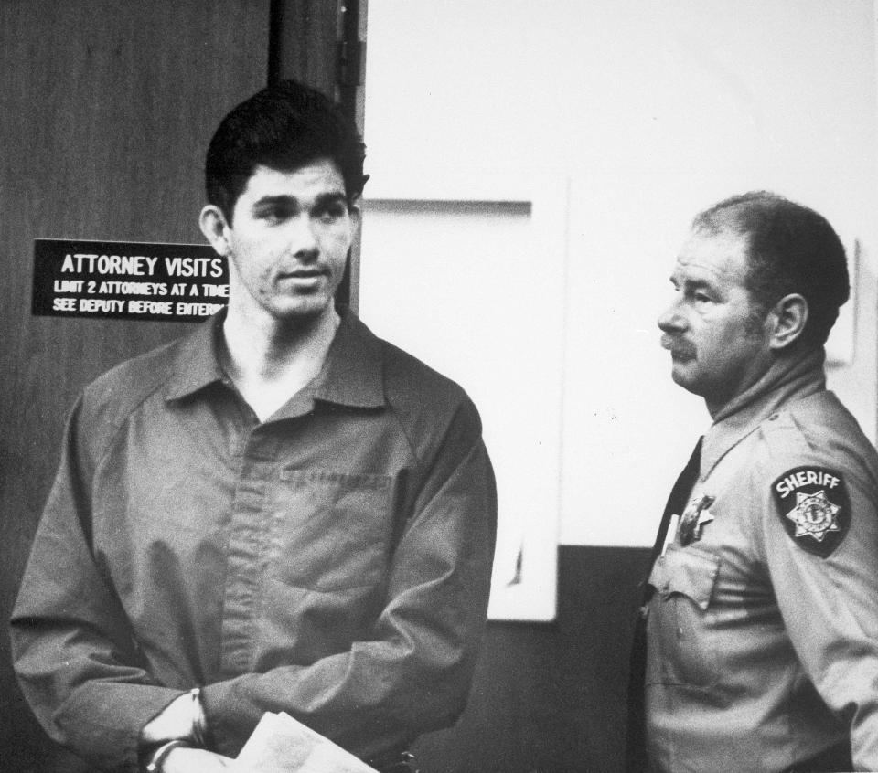 File - This March 1988 file photo shows Joe Hunt as he enters a Redwood City, Calif., courtroom for an arraignment. The founder of the infamous Billionaire Boys Club who is serving a life sentence for murder is appealing to California Gov. Jerry Brown for a chance at freedom. (AP Photo/File)