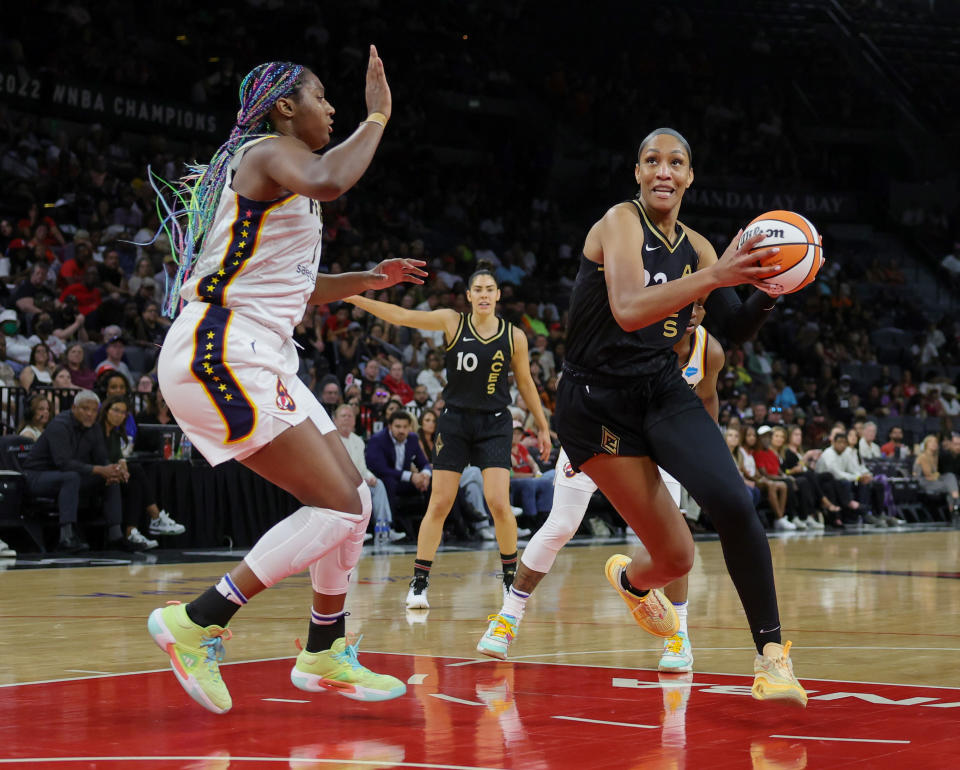 Las Vegas Aces forward A'ja Wilson drives to the basket against Indiana Fever rookie Aliyah Boston on June 26, 2023 in Las Vegas. (Ethan Miller/Getty Images)