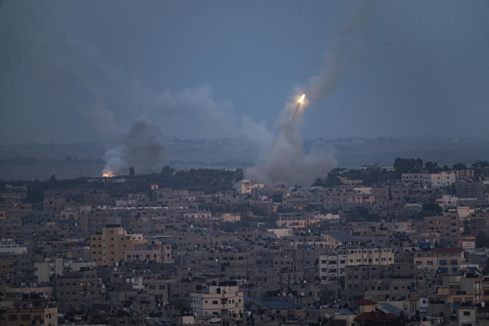 Rockets are fired toward Israel from the Gaza Strip, Wednesday, Oct. 11, 2023. Israel has launched intense airstrikes in Gaza after the territory's militant rulers carried out an unprecedented attack on Israel Saturday, killing over 1000 people and taking captives. Hundreds of Palestinians have been killed in the airstrikes. (AP Photo/Fatima Shbair)8
