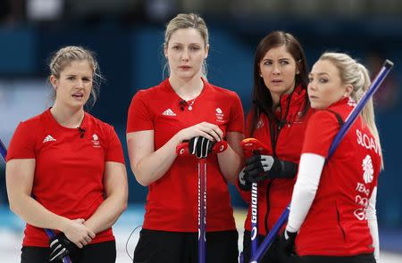 Curling - Pyeongchang 2018 Winter Olympics - Women's Bronze Medal Match - Britain v Japan - Gangneung Curling Center - Gangneung, South Korea - February 24, 2018 - Second Vicki Adams of Britain and her teammates, lead Lauren Gray, skip Eve Muirhead and vice-skip Anna Sloan, are seen. REUTERS/John Sibley