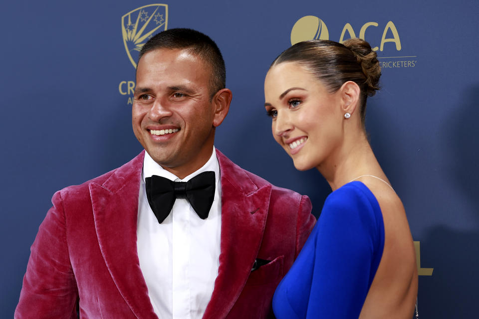 Usman Khawaja, pictured here with wife Rachel at the Australian Cricket Awards.