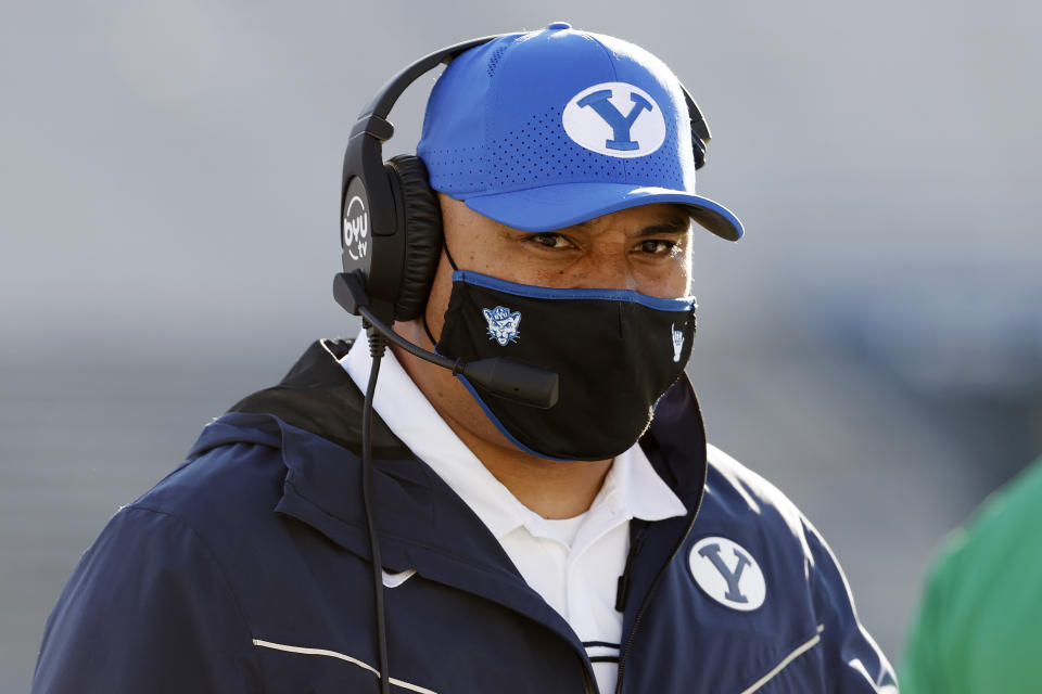 BYU head coach Kalani Sitake works the sidelines during the third quarter against North Alabama in an NCAA college football game Saturday, Nov. 21, 2020, in Provo, Utah. (AP Photo/Jeff Swinger, Pool)