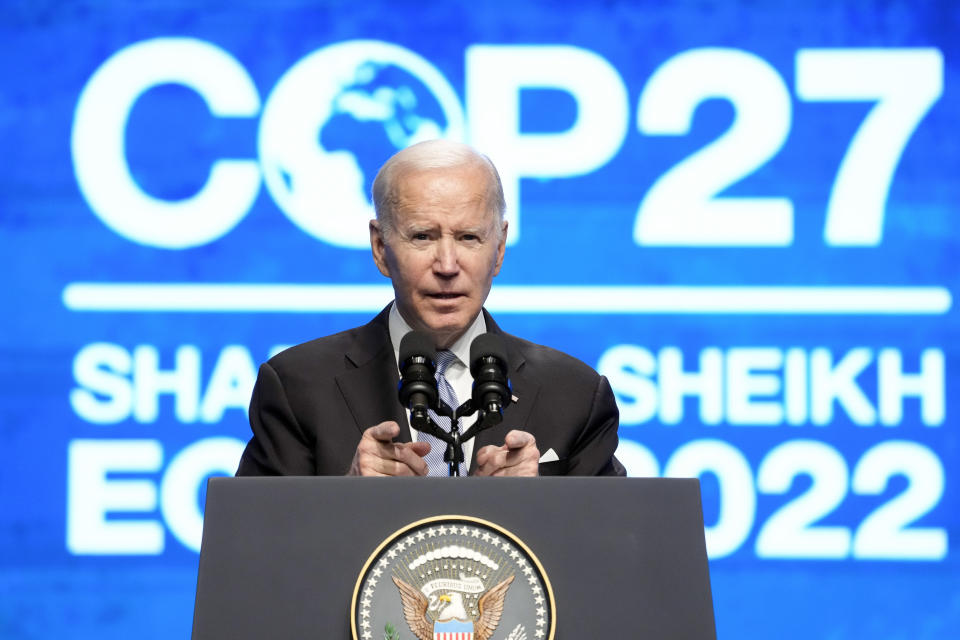 President Joe Biden speaks at the COP27 U.N. Climate Summit, Friday, Nov. 11, 2022, at Sharm el-Sheikh, Egypt. (AP Photo/Alex Brandon)