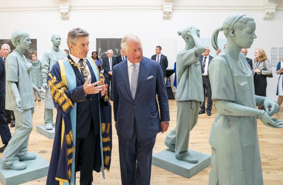 The Prince of Wales views the sculptures (Jane Barlow/PA) (PA Wire)