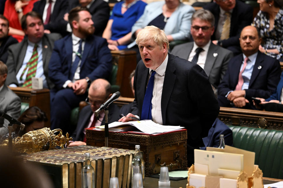 British Prime Minister Boris Johnson speaks during Prime Minister's Questions at the House of Commons in London, Britain July 6, 2022.  UK Parliament/Jessica Taylor/Handout via REUTERS THIS IMAGE HAS BEEN SUPPLIED BY A THIRD PARTY. MANDATORY CREDIT. IMAGE MUST NOT BE ALTERED.