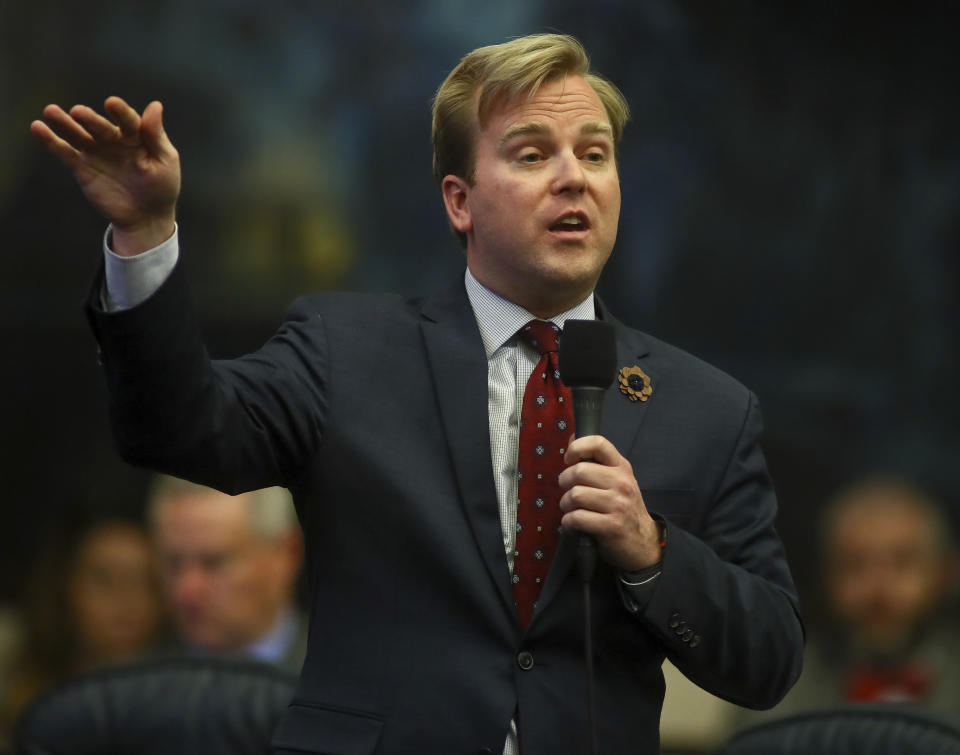 Rep. James Grant, R-Tampa, answers questions during debate over his House Bill 7089 - Voting Rights Restoration,Tuesday April 23, 2019 in the Florida House of Representatives in Tallahassee, Fla. (AP Photo/Phil Sears)