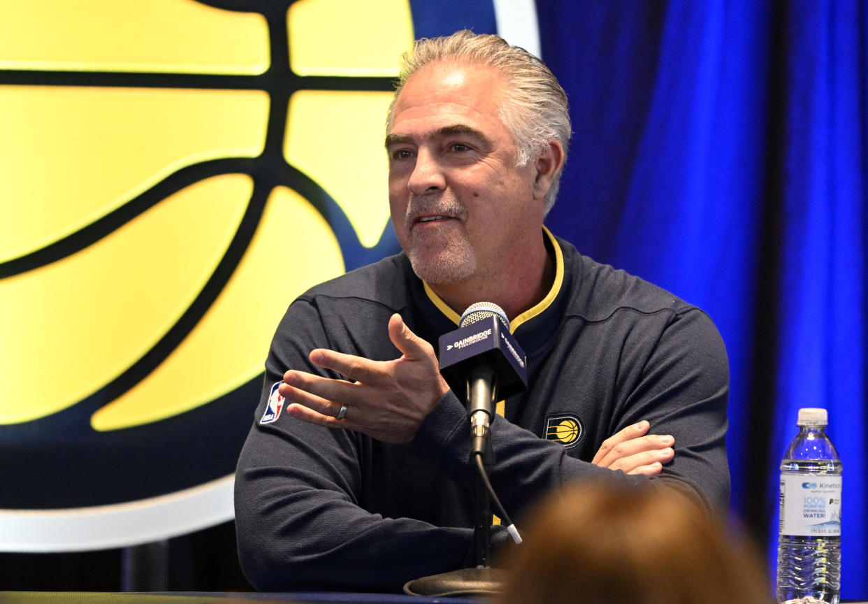 Jan 30, 2023; Indianapolis, IN, USA;  Indiana Pacers president of basketball operations Kevin Pritchard speaks during an Indiana Pacers press conference to announce the contract extension of center Miles Turner at Gainsbridge Fieldhouse.  Mandatory Credit: Marc Lebryk-USA TODAY Sports