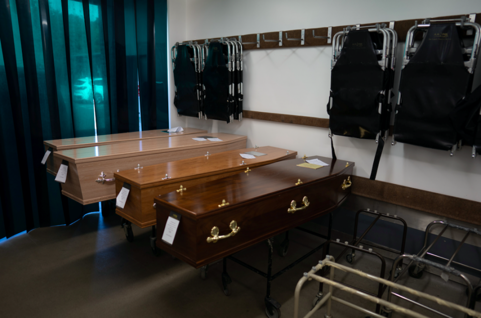 Coffins lined up at A W Lymn funeral directors.