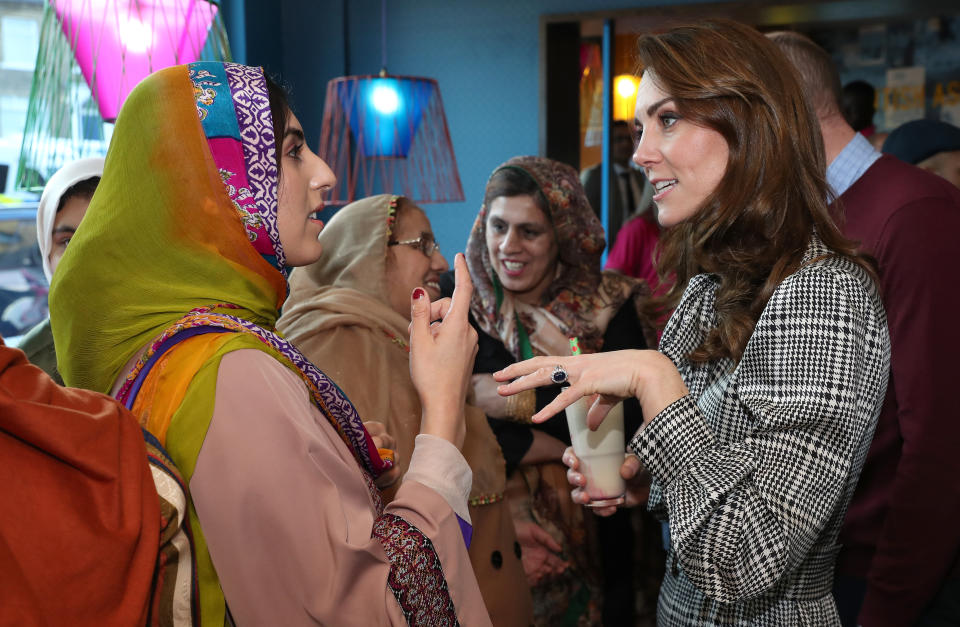 BRADFORD, ENGLAND - JANUARY 15: Catherine, Duchess of Cambridge meets representatives from the UK Women’s Muslim Council and women whose lives have benefitted from the Council’s Curry Circle on January 15, 2020 in Bradford, United Kingdom. The Curry Circle is an initiative that provides a hot two-course meal for people who are homeless or struggling to feed themselves. (Photo by Chris Jackson/Getty Images)