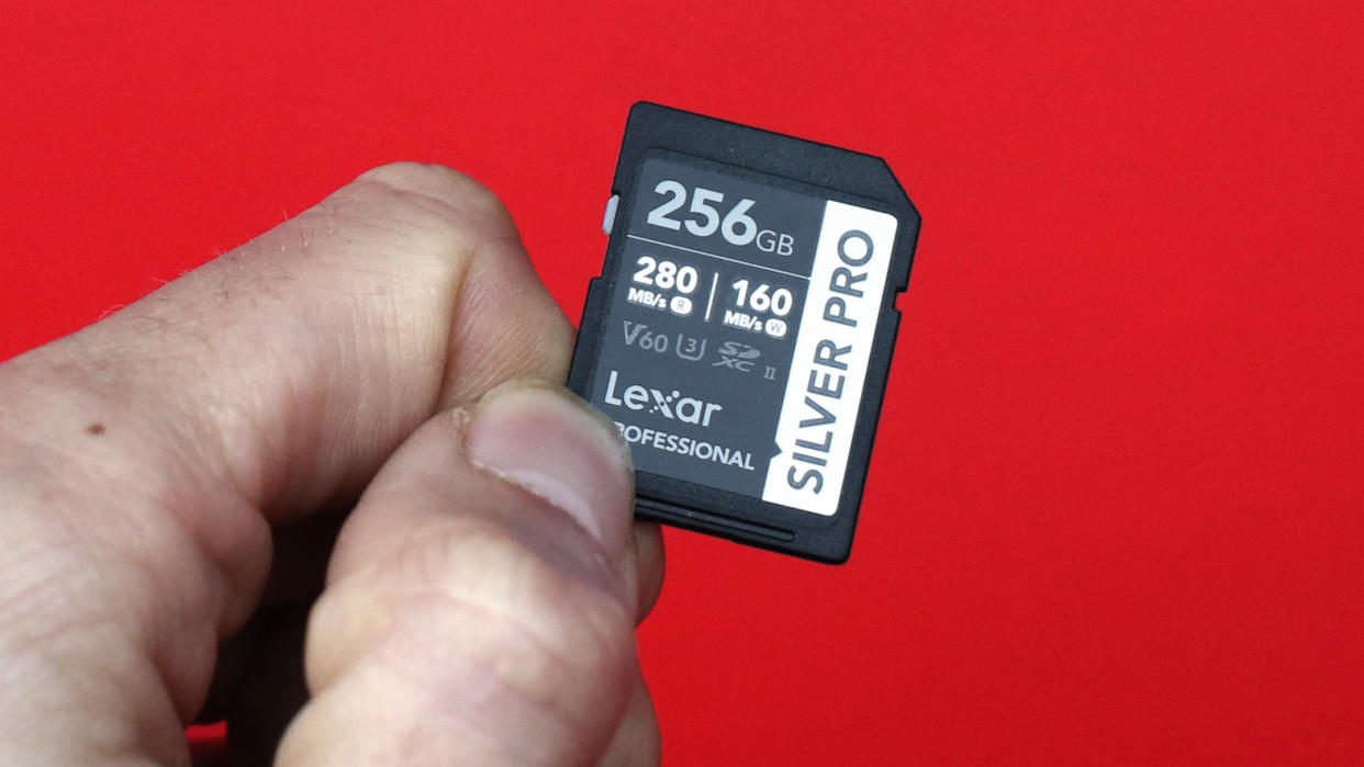  Lexar Silver Pro SD card in hand. 