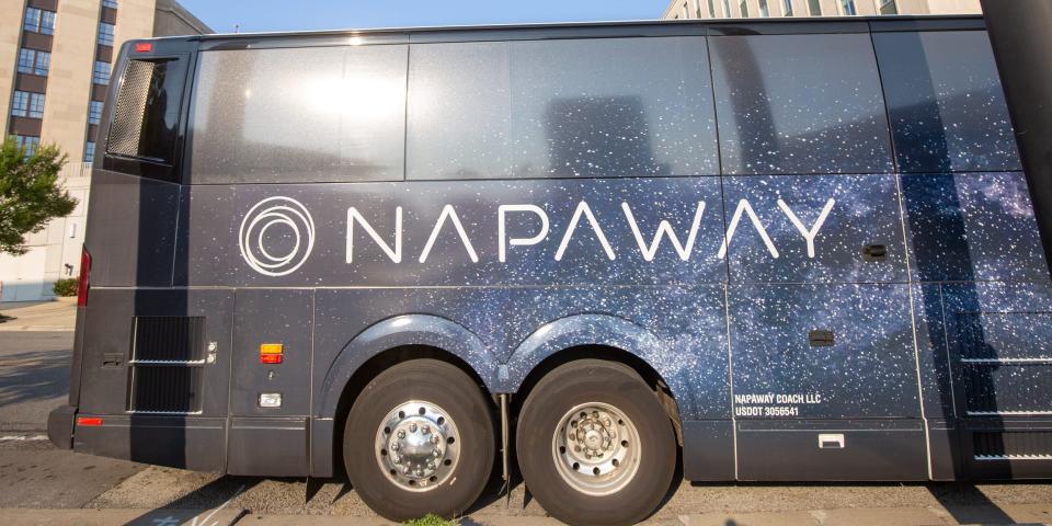 The exterior of the Napaway coach on a bright cloudless day.