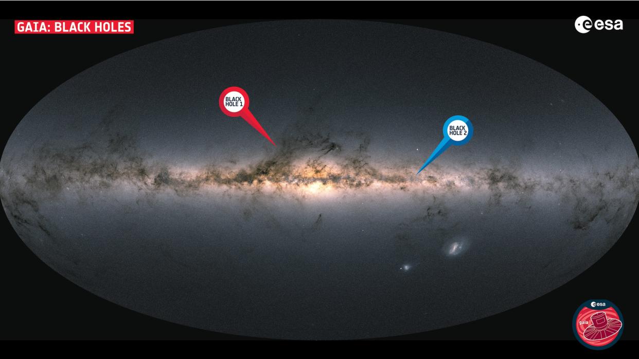  An image of the Milky Way showing the location of two newly discovered black holes that are the closest to Earth yet found. 