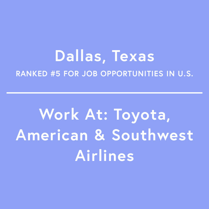 <p>If you live in Dallas, you're unlikely to run out of novel employment options, as the area has seen a steady stream of new companies, like Toyota, move in. American Airlines and Southwest Airlines are headquartered here.</p> <p>Job Growth, 2010-2015: 18.86%</p>