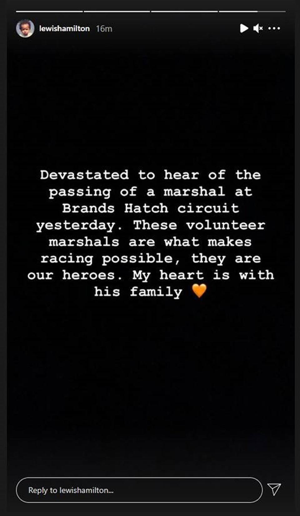 The message posted by Lewis Hamilton (Lewis Hamilton/PA) (PA Media)