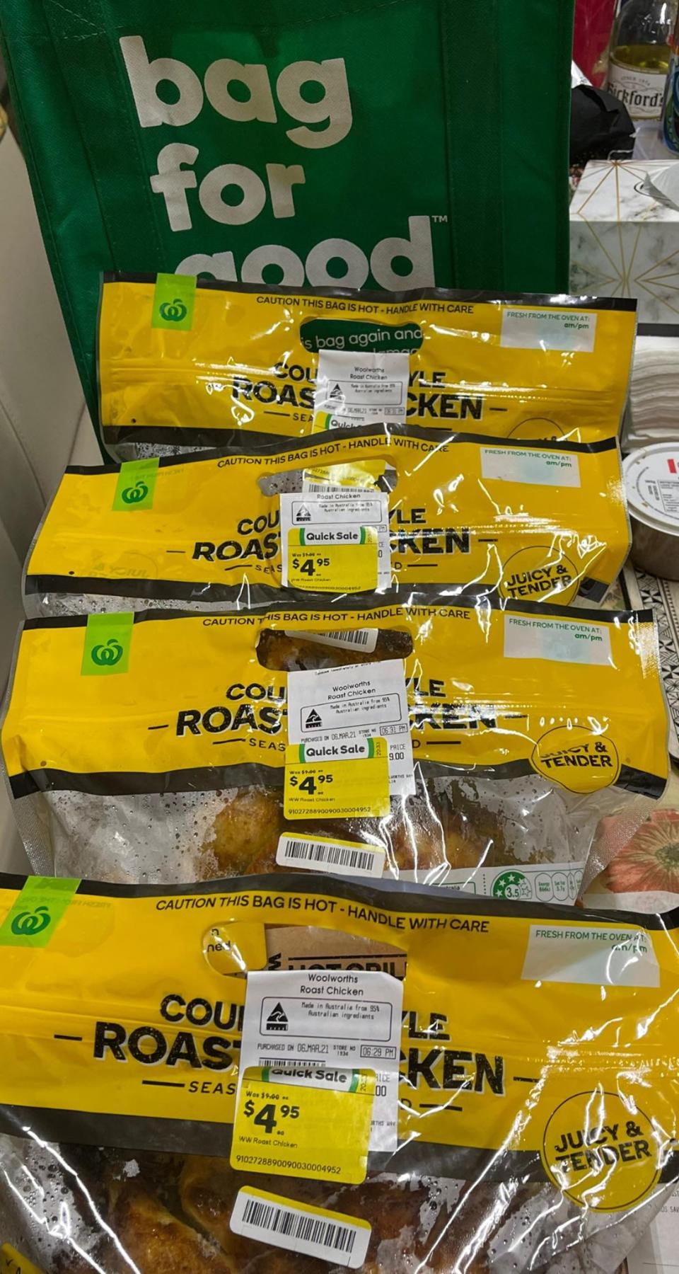 Several packaged hot roast barbecue chickens from Woolworths.