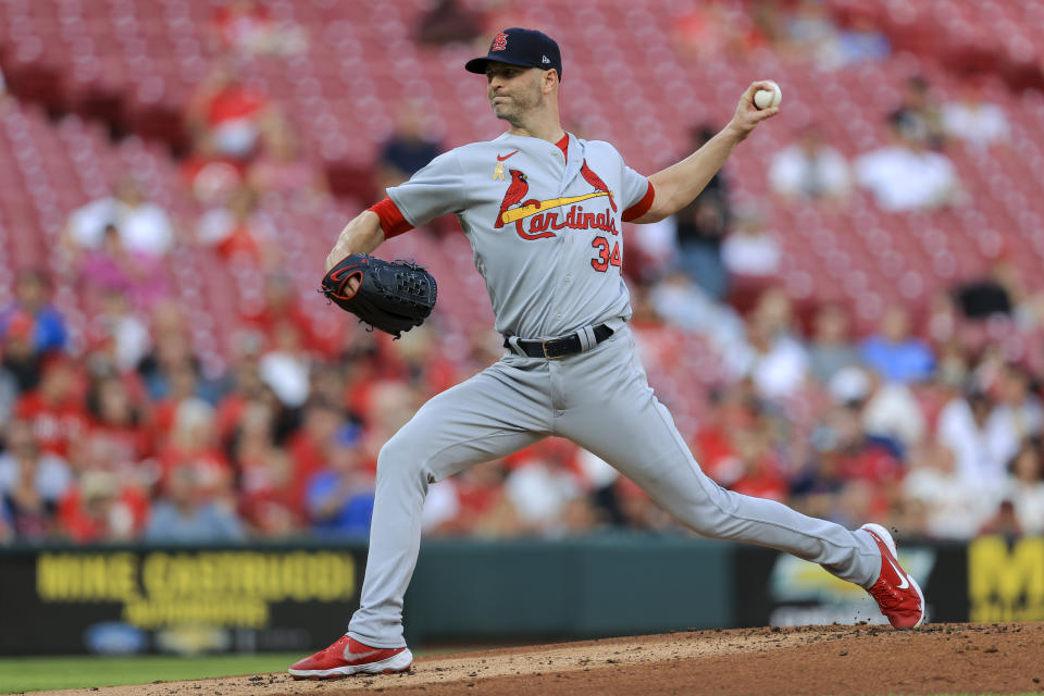 St. Louis Cardinals' J.A. Happ throws during the first inning of the second baseball game of the team's doubleheader against the Cincinnati Reds in Cincinnati, Wednesday, Sept. 1, 2021. (AP Photo/Aaron Doster)