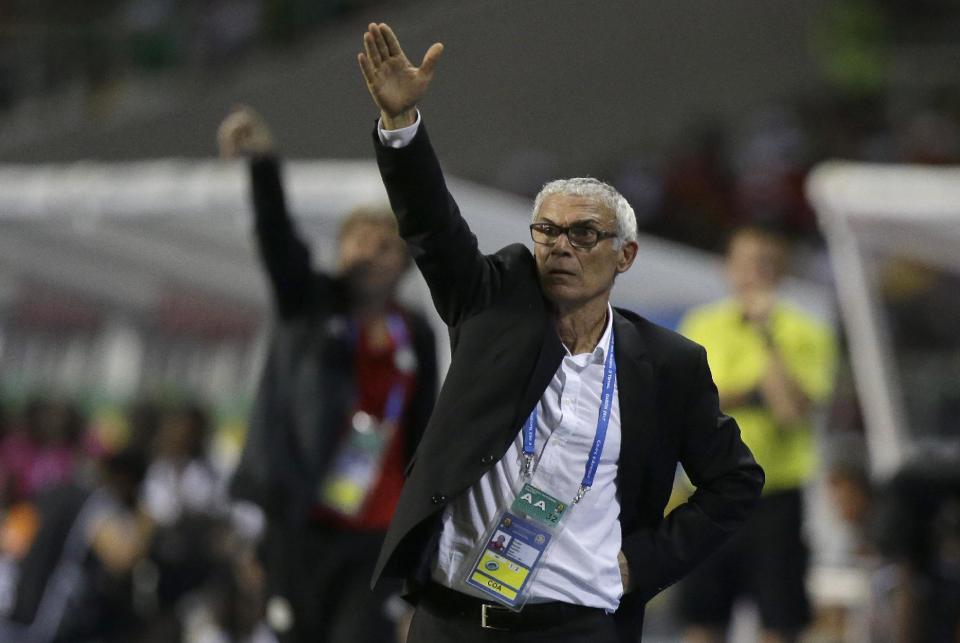 Egypt coach Hector Cuper, from Argentina, gestures during the African Cup of Nations final soccer match between Egypt and Cameroon at the Stade de l'Amitie, in Libreville, Gabon, Sunday, Feb. 5, 2017. (AP Photo/Sunday Alamba)