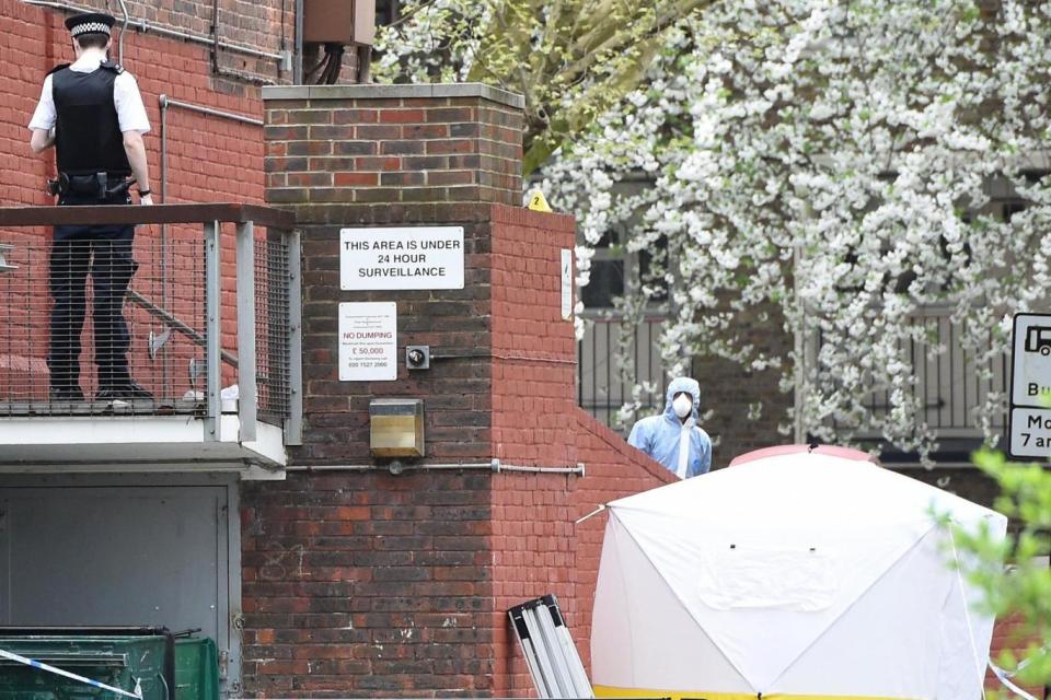 Police probe: officers at the scene of the attack in north London (EPA)